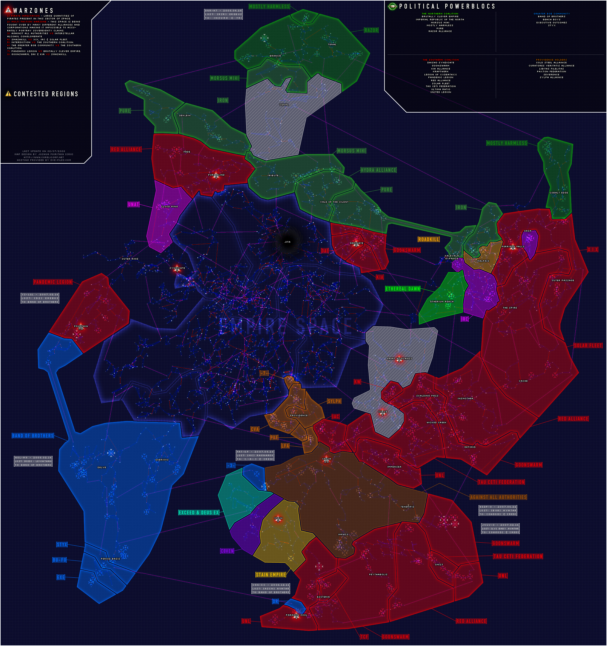 La carte gÃ©o-politique des alliances dans EVE-Online (par Kalahn) :